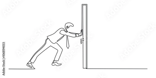 Fototapeta one continuous line drawing of businessman pushing the door.one line drawing of business man in suit getting job challenge.single line vector illustration.isolated white background