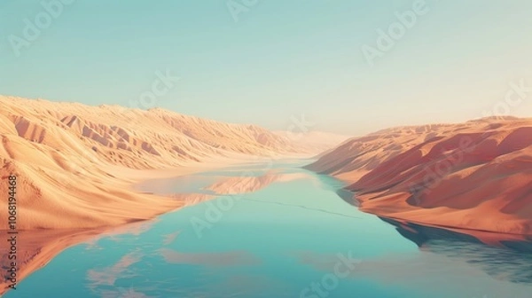 Fototapeta A minimalist digital landscape where a  geometric river cuts through a desert