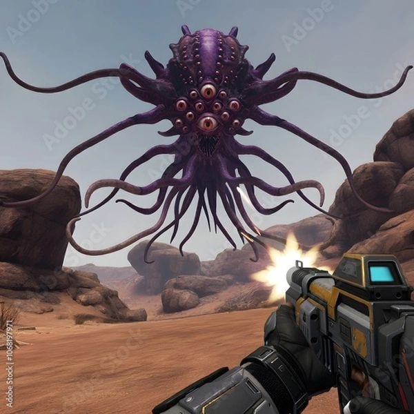 Fototapeta Alien Creature in Desert Setting for FPS Game Scene