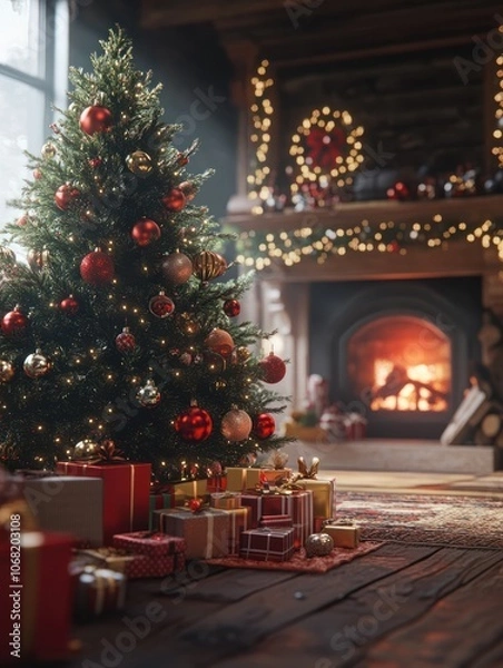 Fototapeta A beautifully decorated Christmas tree adorned with red and gold ornaments stands beside a crackling fireplace, creating a warm ambiance in a festive atmosphere - Generative AI