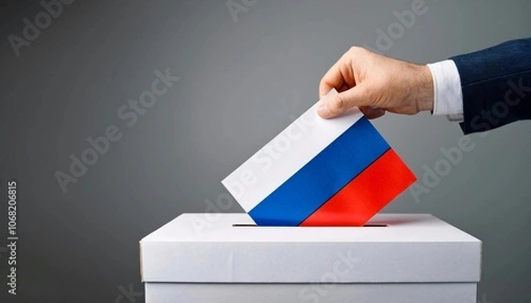 Fototapeta man hand putting ballot paper painting with Russia flag into white ballot box isolated on gray background. Russia presidential election and parliamentary election concept 