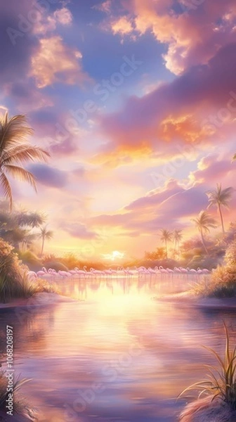 Fototapeta A picturesque scene of a large flock of flamingos gracefully standing and wading in a calm, shallow lagoon during sunrise. The sky is painted with vibrant hues of orange, pink, and purple, reflecting 