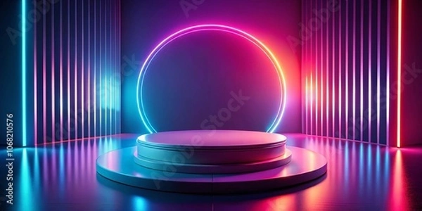 Fototapeta Abstract Scene with Round Podium and Neon Lights for Mockup Design, Featuring Vibrant Colors and Dreamlike Atmosphere for Creative Projects and Advertisements