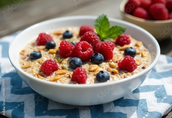 Fototapeta A bowl of granola or muesli with fresh berries, nuts, and mint leaves on a wooden board with a blue and white chevron patterned cloth