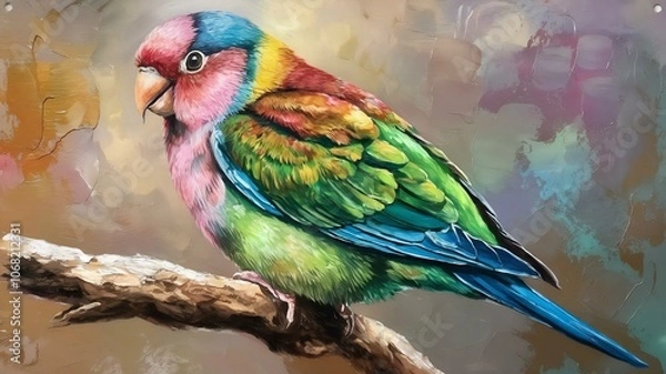 Obraz The oil, acrylic, and watercolor painting of a lovebird perched on a branch. 