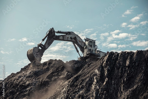 Fototapeta Large quarry dump truck and excavator. Big mining truck work coal deposit. Loading coal into body truck. Production useful minerals. Mining mining machinery to transport coal from open-pit production