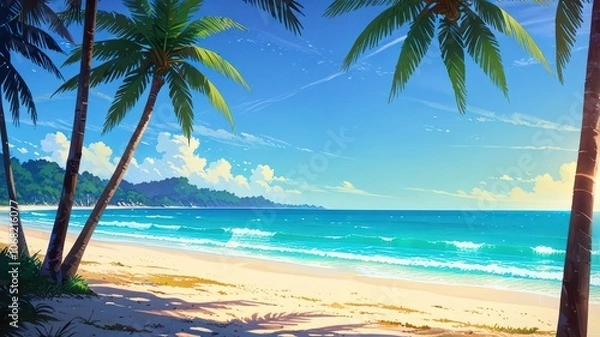 Fototapeta beach with palm trees anime style image 