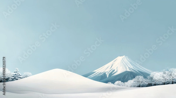 Obraz serene winter landscape with snow covered mountain and frosty trees under clear blue sky. peaceful scene captures beauty of nature in minimalist style
