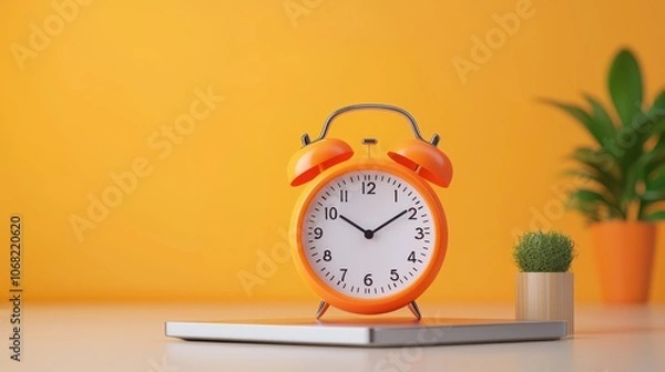 Fototapeta Brighten space with a vibrant orange alarm clock on a stylish desk