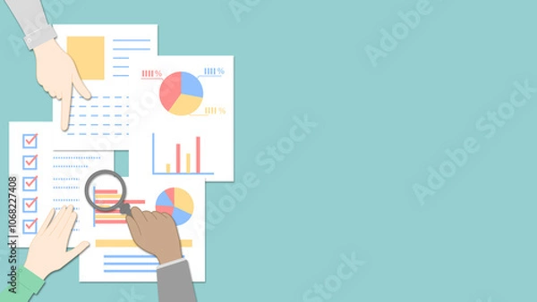 Fototapeta 資料をチェックする様々な人の手のイラスト　書類の色はカラフル　左側バージョン