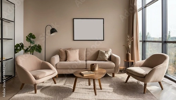 Fototapeta Beige lounge zone interior couch and armchairs near window, mockup frame