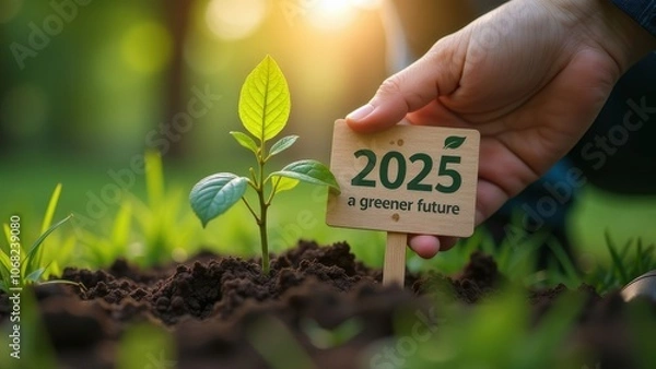 Fototapeta A hand plants a small tree seedling in soil, with a sign reading "2025: A Greener Future." The image signifies commitment to environmental goals for the coming year