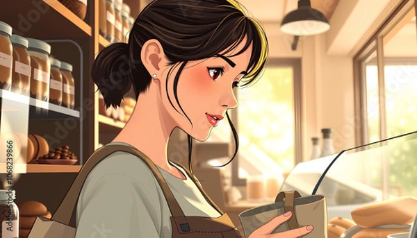 Obraz A shopper selecting items from a grocery store A captivating illustration of a young woman choosing coffee beans in a cozy coffee shop, her warm smile reflecting the inviting atmosphere.