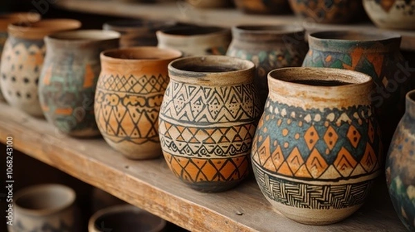 Fototapeta Bohemian style lines, Colorful Bohemian Clay Pots with Unique Designs