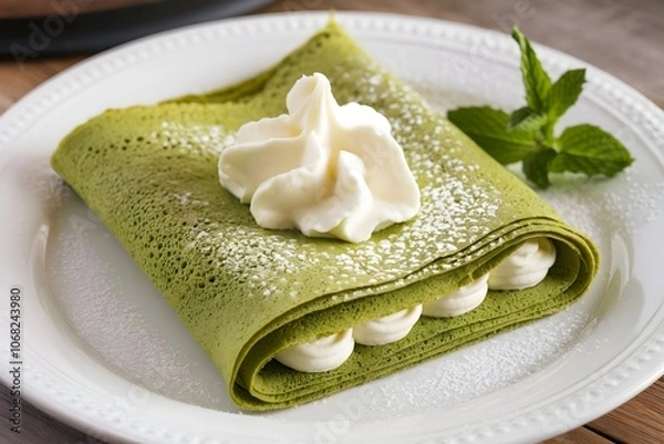 Fototapeta Elegant Matcha Green Tea Crepe with Whipped Cream Filling and Powdered Sugar on White Plate, Japanese French Fusion Dessert
