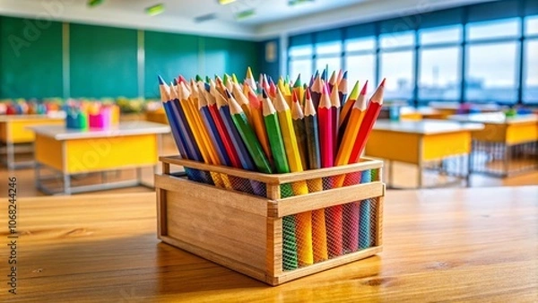 Fototapeta A Vibrant Collection of School Accessories in a Pencil Box: Colorful Pencils, Erasers, and Markers Perfect for Back-to-School Season and Creative Learning Environments