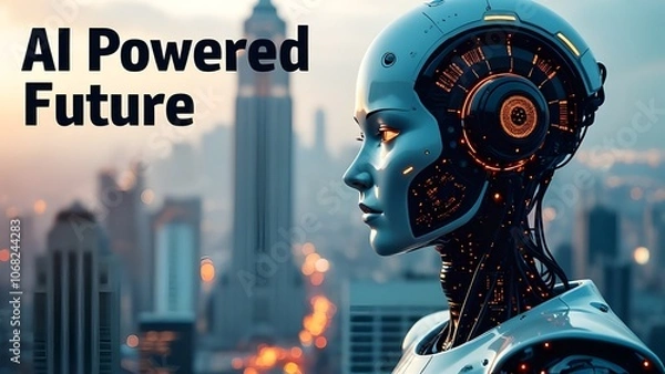 Fototapeta Artificial Intelligence Robot Profile Against City Skyline - Futuristic AI Technology Concept with Cyborg Head and Urban Background
