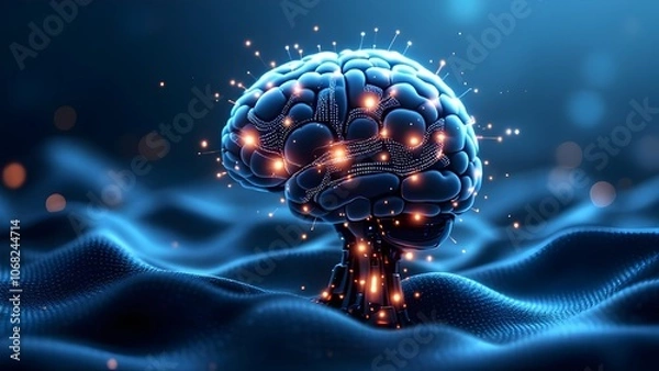 Fototapeta Digital Human Brain with Glowing Neural Connections: 3D Visualization of Mind Technology with Blue and Orange Light on Abstract Wave Background