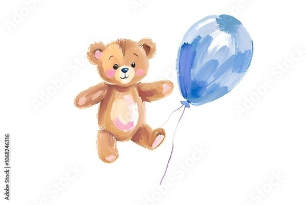 Fototapeta Watercolor illustration of a cute teddy bear holding a blue balloon floating in the air. white background