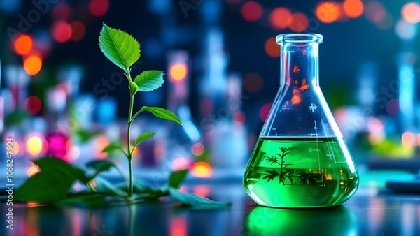 Fototapeta Green Chemistry and Sustainable Science - Laboratory Flask with Eco-Friendly Solution Next to Growing Plant Seedling - Environmental Research