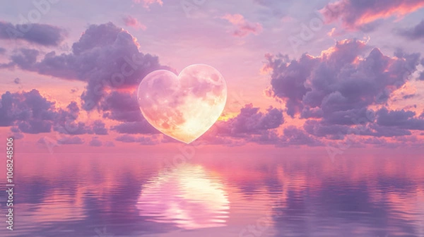 Fototapeta Illustration of a large heart reflected on a serene water surface surrounded by soft clouds in a pastel sky during sunset for love.
