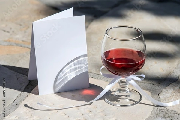 Fototapeta Elegant Glass of Red Wine with White Ribbon and Blank Greeting Card on Stone Surface, Romantic Outdoor Setting for Celebration
