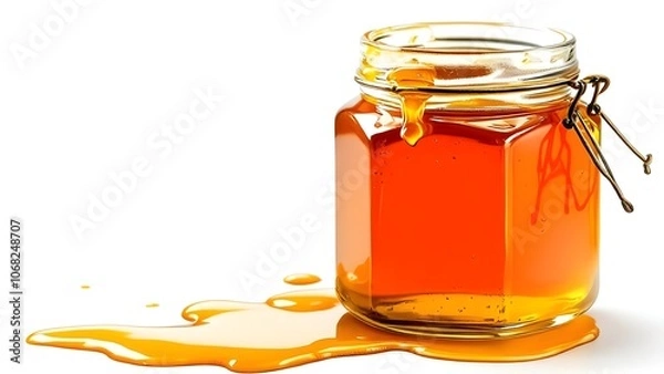 Fototapeta Fresh Golden Honey Dripping from Glass Jar with Metal Clasp - Natural Organic Sweetener on White Background with Amber Puddle