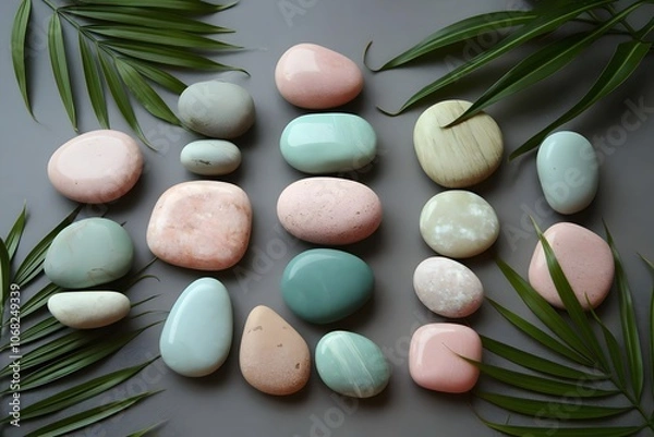 Fototapeta Pastel Healing Stones with Palm Leaves - Natural Spa Crystals in Pink, Mint and Cream Colors on Gray Background with Tropical Foliage