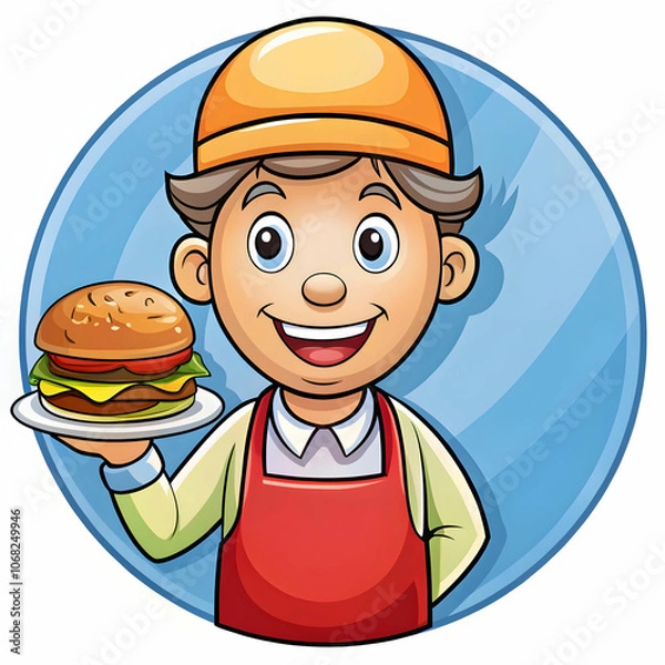 Obraz A cartoon-style illustration of a cheerful server at a burger joint,
