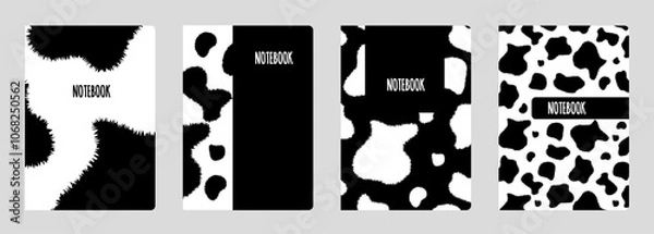 Obraz Set of cover designs for notebook, notepad, catalog with abstract furry spots under the texture of cowhide. Animal black and white print. Vertical format A4, A5.