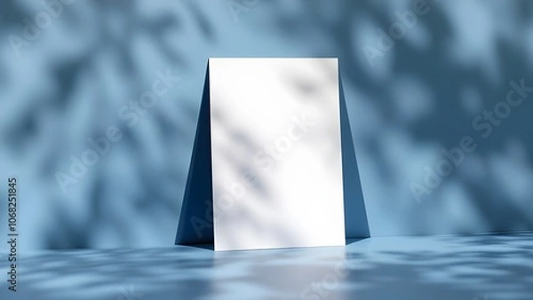 Fototapeta Blank White Table Tent Card Mockup on Blue Surface with Soft Shadow Overlay - Restaurant Menu or Event Display Template