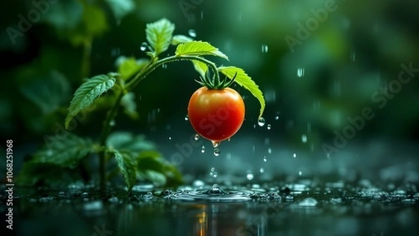 Fototapeta Vibrant Red Cherry Tomato on Plant in Rain - Fresh Organic Vegetable Growing with Water Droplets in Garden - Nature Macro Photography