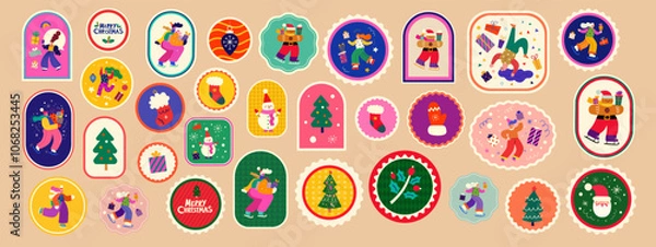 Fototapeta Merry Christmas and New Year stickers, tags and labels. Merry Christmas holiday illustrations. Christmas decorative stickers with fun people, Christmas tree, snowman and gifts.