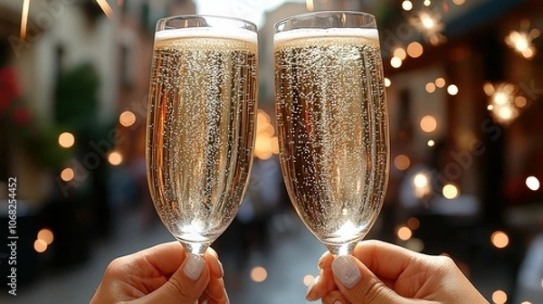 Fototapeta Celebration Toast with Bubbly Flutes and Sparklers