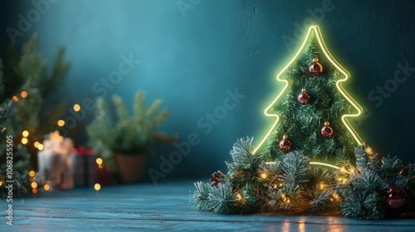 Fototapeta decor inretior christmas tree illuminated with green neon light, christmas tree shape on wall, with festive gifts, gerlland and balls, blue green fairy background, modern design interior