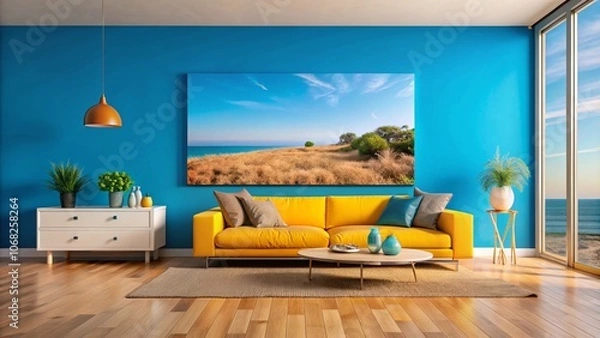 Fototapeta Modern living room with a yellow sofa, blue walls, and a large landscape painting above the sofa.