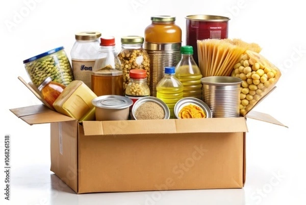 Fototapeta Donation Box with Assorted Food Items - Open Cardboard Box Featuring Canned Goods, Cereals, and Pasta Isolated on White Background for Charity and Food Drive Concepts