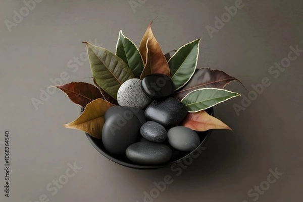 Fototapeta Zen Black Hot Stones with Autumn Leaves in Dark Bowl - Minimalist Spa and Wellness Photography with Natural Elements on Gray Background