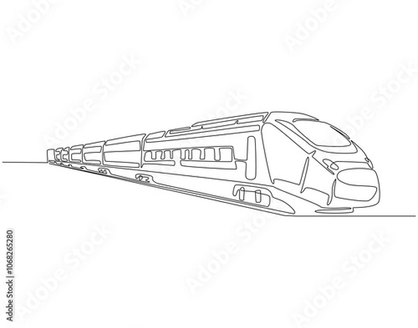 Fototapeta Continuous one line drawing of modern train. One line drawing illustration of modern speed passenger commuter train. Transportation, railway, fast vehicle concept single line. Editable outline