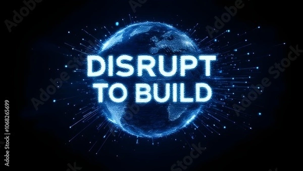 Fototapeta Digital Disruption Concept with Futuristic Globe and "Disrupt to Build" Text, Innovation, Technology, Change, Business Transformation, Blue Light Burst