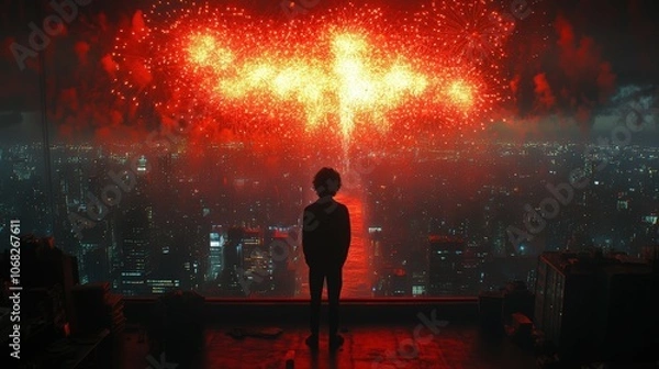 Fototapeta Futuristic Cityscape with Red Fireworks Display