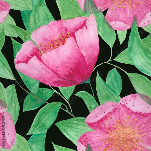 Fototapeta Peony seamless pattern on a black background. Watercolor floral design for wallpaper, wrapping paper, and fabric. Hand-drawn pink flower motif.