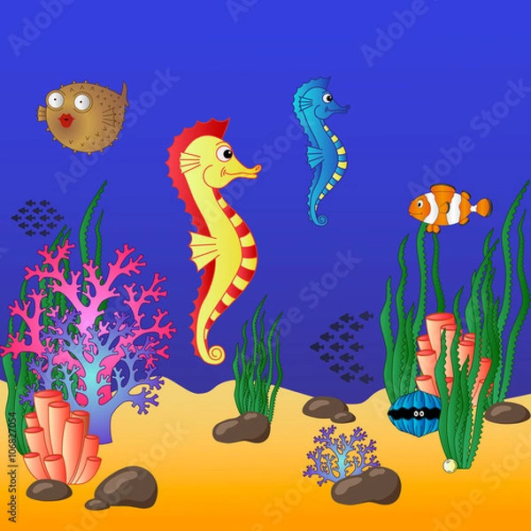 Fototapeta Underwater world with corals and floating fishes