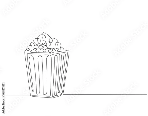Fototapeta Continuous one line drawing of popcorn. One line drawing illustration of delicious popcorn. Cinema, movie snack, bucket concept single line. Editable outline