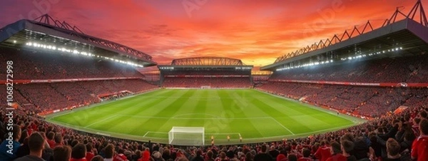 Fototapeta A panoramic view of a vibrant football stadium filled with fans at sunset.