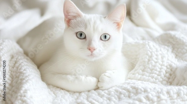 Fototapeta Adorable White Cat Relaxing on Soft Blanket Pet Photography Feline Fluffy Cute Domest