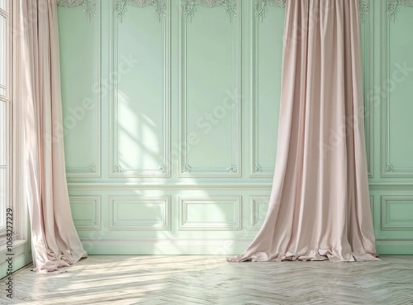 Fototapeta Classical interior with mint green panels and blush drapes, shown from the front.