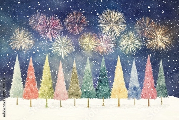 Fototapeta A colorful winter scene featuring vibrant trees and festive fireworks against a snowy background.
