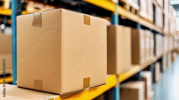 Fototapeta A close-up of a cardboard box on a warehouse shelf, organized storage with several boxes lined up in the background.