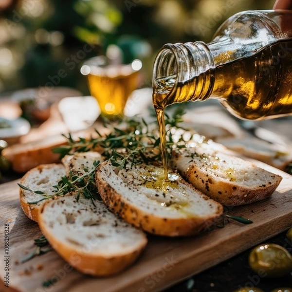 Fototapeta Mediterranean White Bread Slices with Golden Olive Oil in Rustic Garden Setting